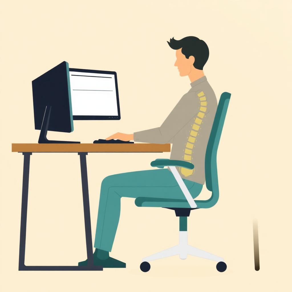Side-view illustration of a person seated at a desk with aligned spine and ergonomic posture