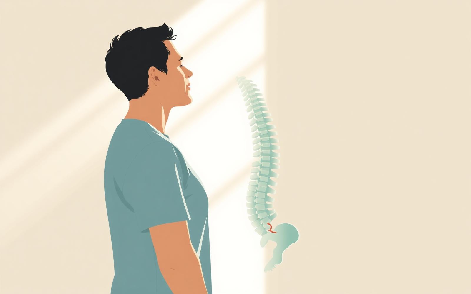 Side-profile illustration of a person standing with aligned posture next to a translucent teal spine and pelvis